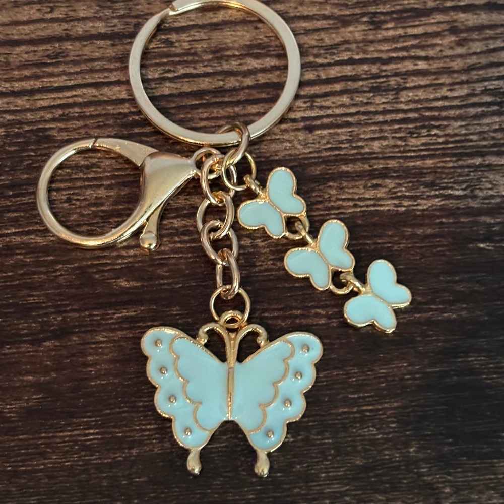 Gold Butterfly Keychain Light Blue Enamel Charm Bag Clip Accessory